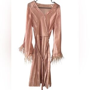 Silk-Look Feather Trim Long Wrap Dress - Dusty Rose